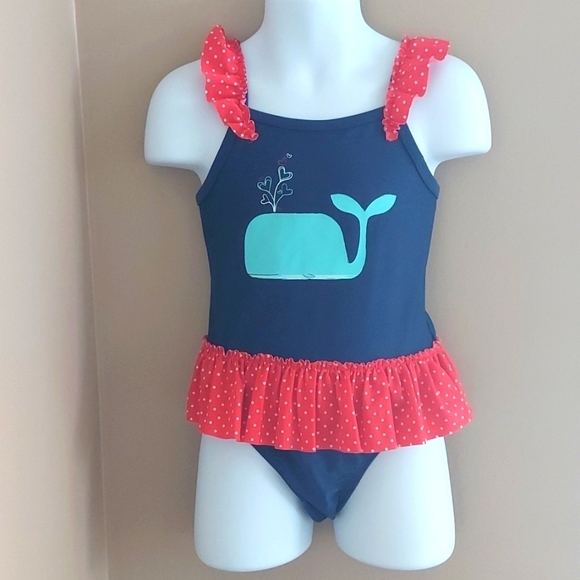 Cat & Jack 1pc swimsuit ruffle tutu polka dot - red blue whale - size 3T - Picture 1 of 5